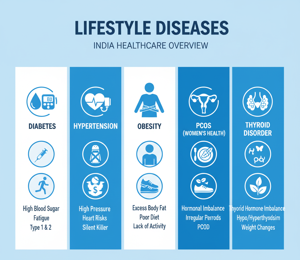 Infographic showing major lifestyle diseases like diabetes, hypertension, and heart disease