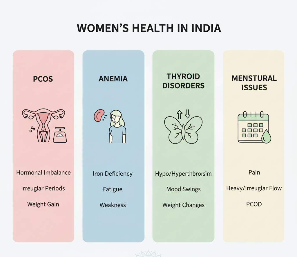 Chart showing common women’s health conditions in India such as PCOS, anemia, thyroid disorders, and menstrual issues.