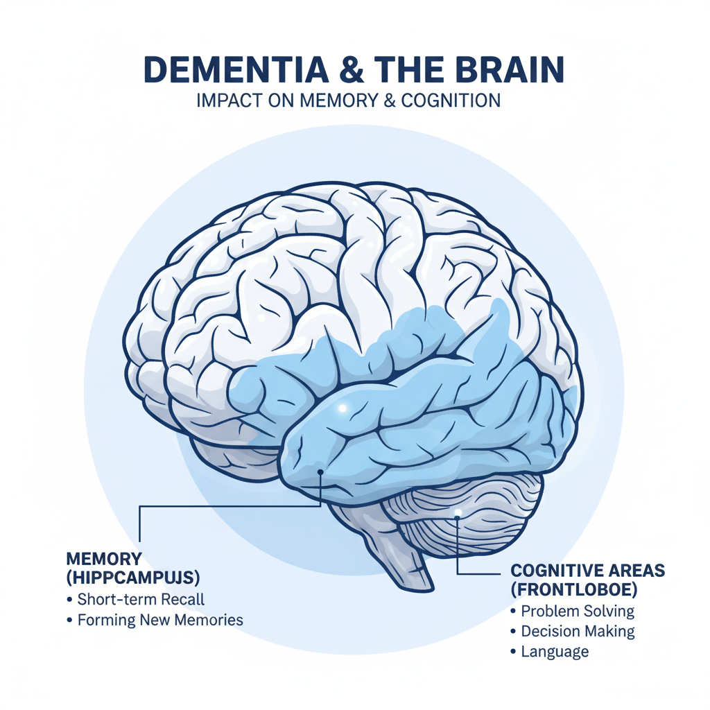 Simple medical illustration of the human brain showing affected memory and cognitive areas.