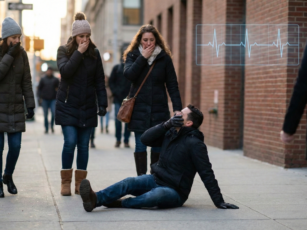 Person collapsing due to sudden cardiac arrest with no pulse or breathing.