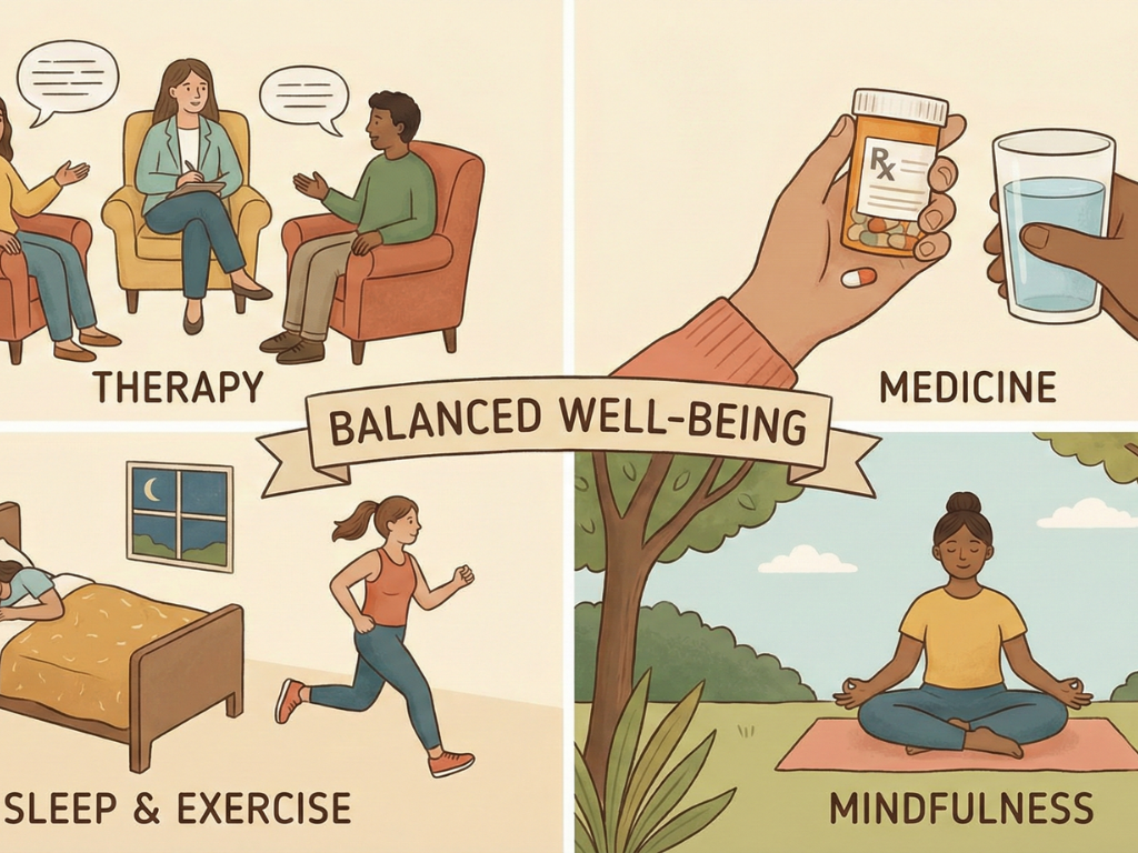 Therapist speaking with a patient, medicine bottle, and self-care icons.
