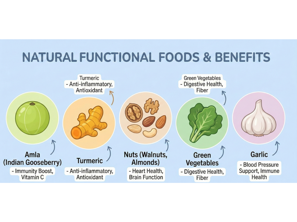 Simple graphic showing natural foods like fruits, vegetables, spices, and nuts labeled as functional foods.