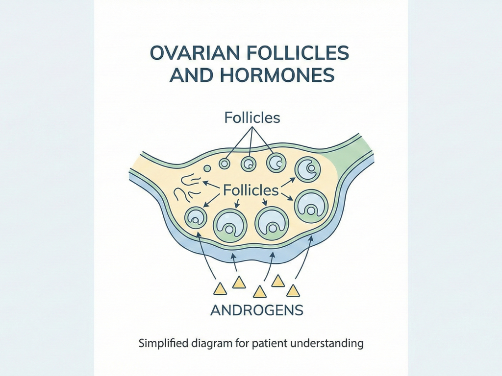 Medical illustration of ovaries showing PCOS-related hormonal imbalance