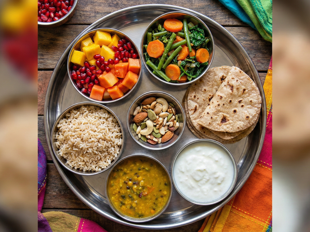 Healthy pregnancy diet plate with fruits, vegetables, grains, and proteins