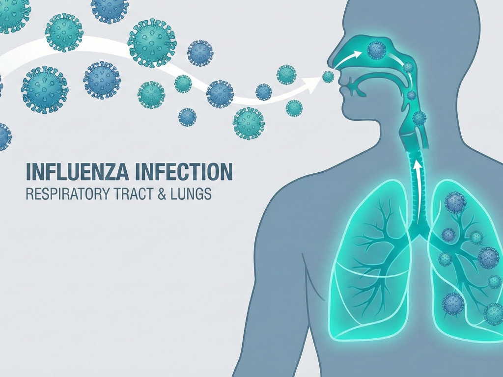 Illustration of influenza virus affecting the respiratory system.
