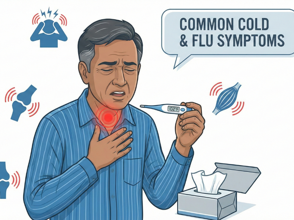 Person with fever, sore throat, cough, and body ache showing common flu symptoms.