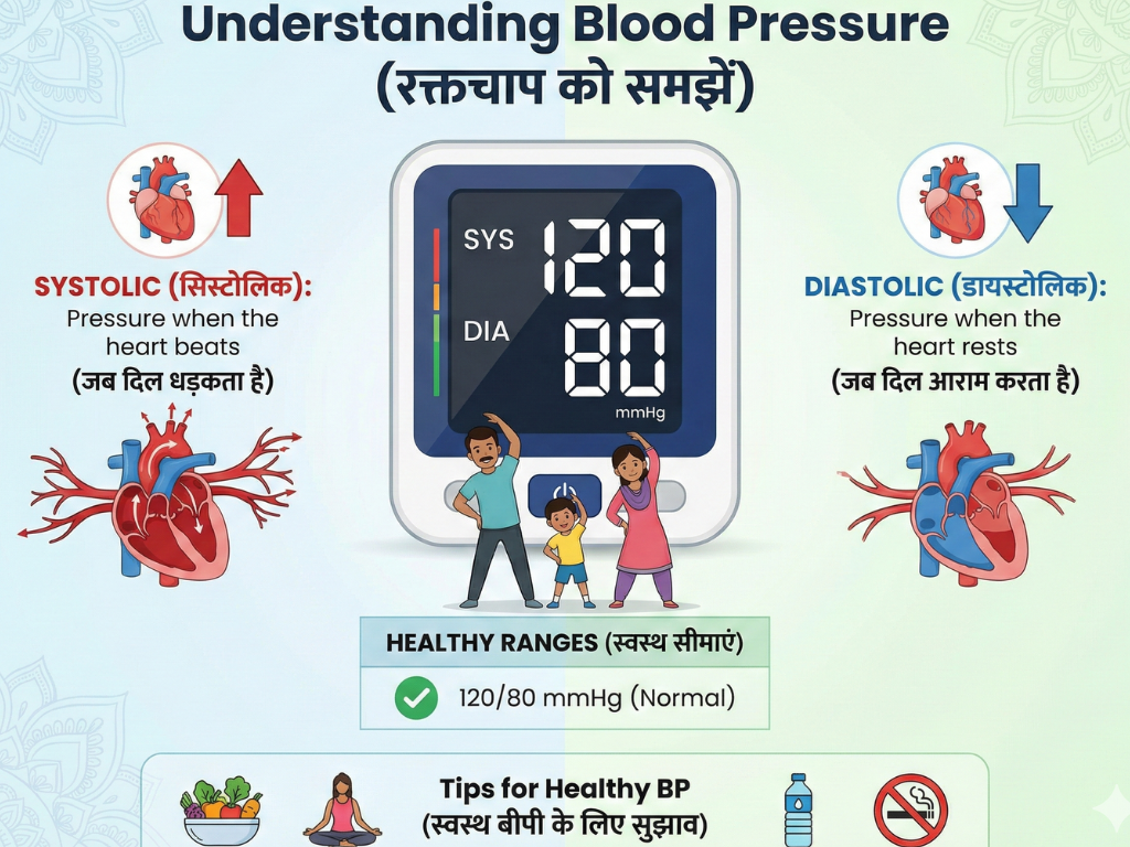 Simple diagram showing systolic and diastolic blood pressure measurement with a BP machine