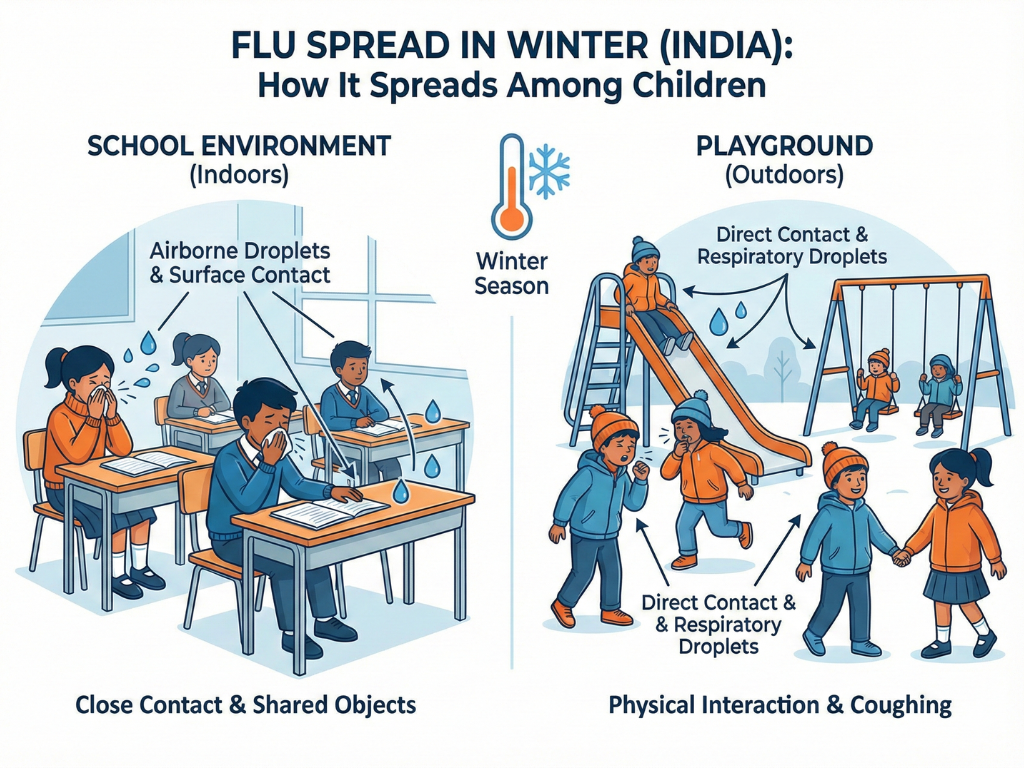 Visual explaining how flu spreads among kids during flu season