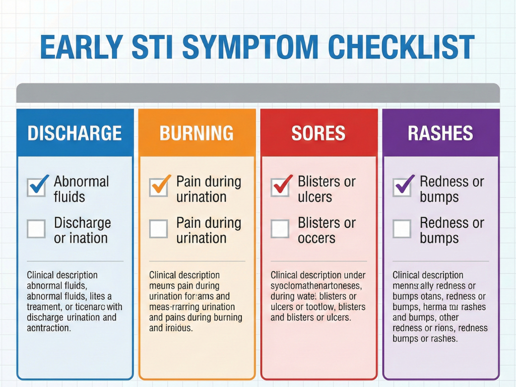 Checklist-style graphic showing early STI symptoms.