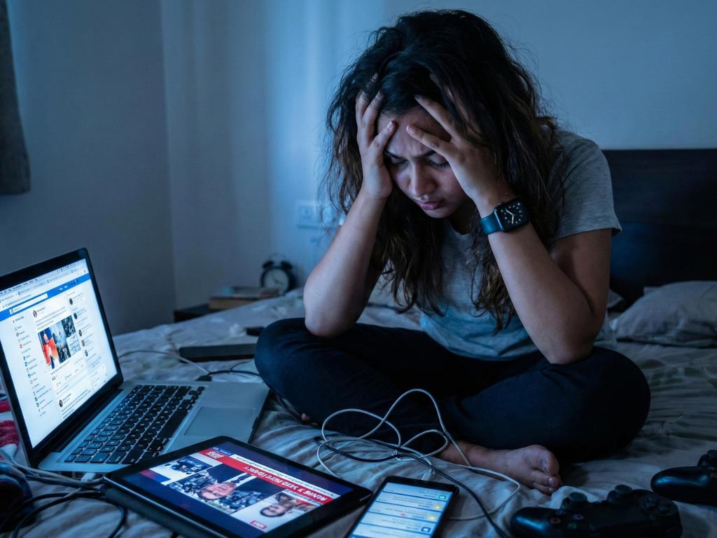 Young adult looking mentally exhausted while surrounded by gadgets.