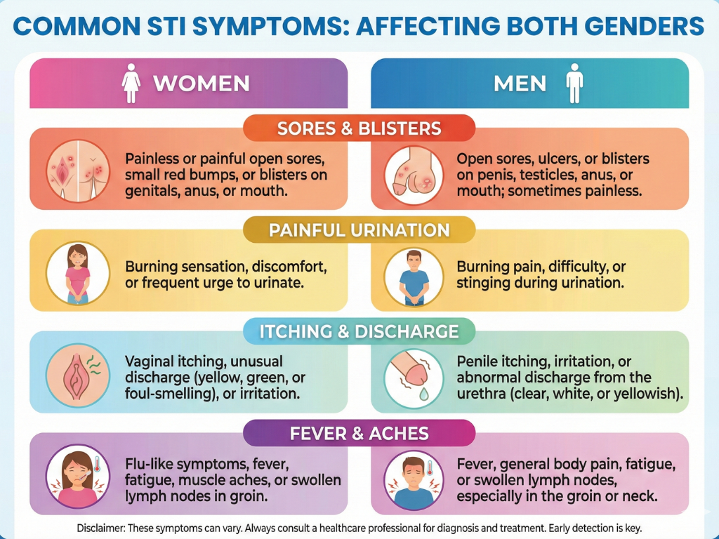 Infographic showing shared STI symptoms like sores, burning urination, and rashes.