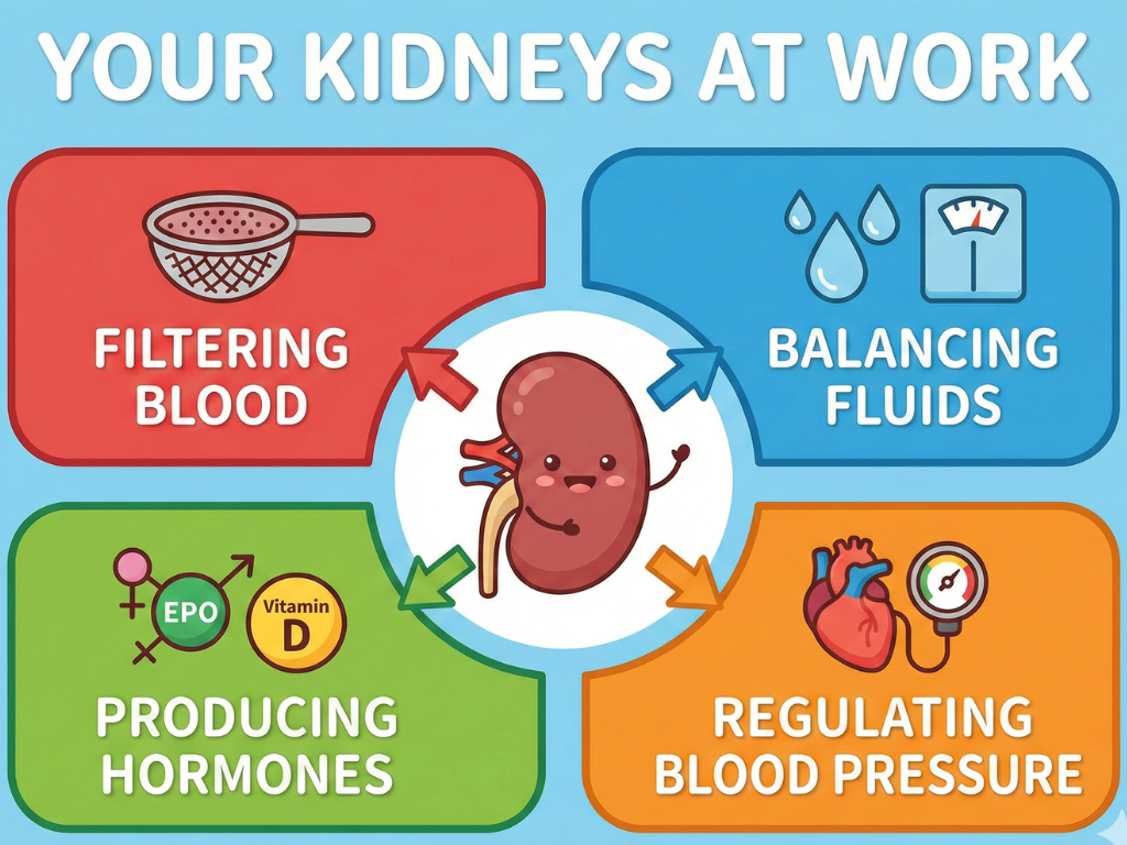 Diagram showing kidney functions such as filtration, fluid balance, blood pressure control, and hormone production.