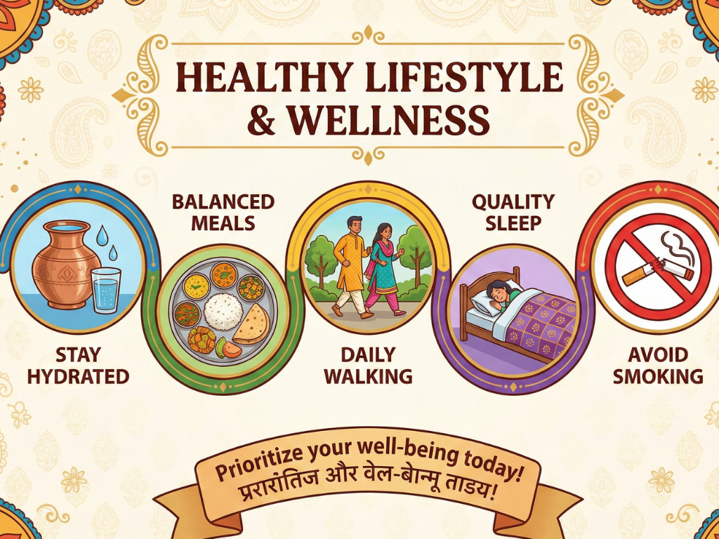 Healthy lifestyle icons including water intake, fresh foods, exercise, sleep, and no smoking.