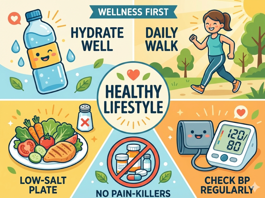 Checklist illustration showing hydration, low-salt diet, exercise, BP control, and avoiding painkillers