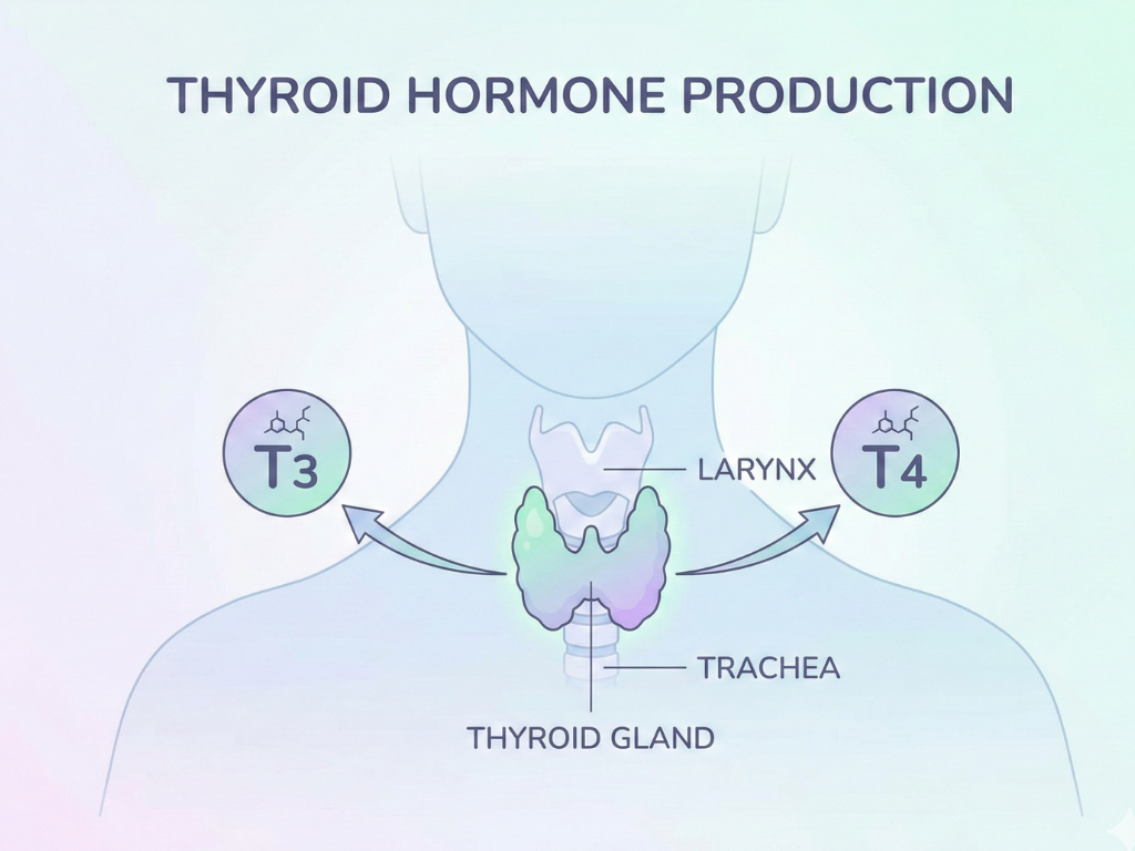 Diagram showing the thyroid gland and its position in the neck.
