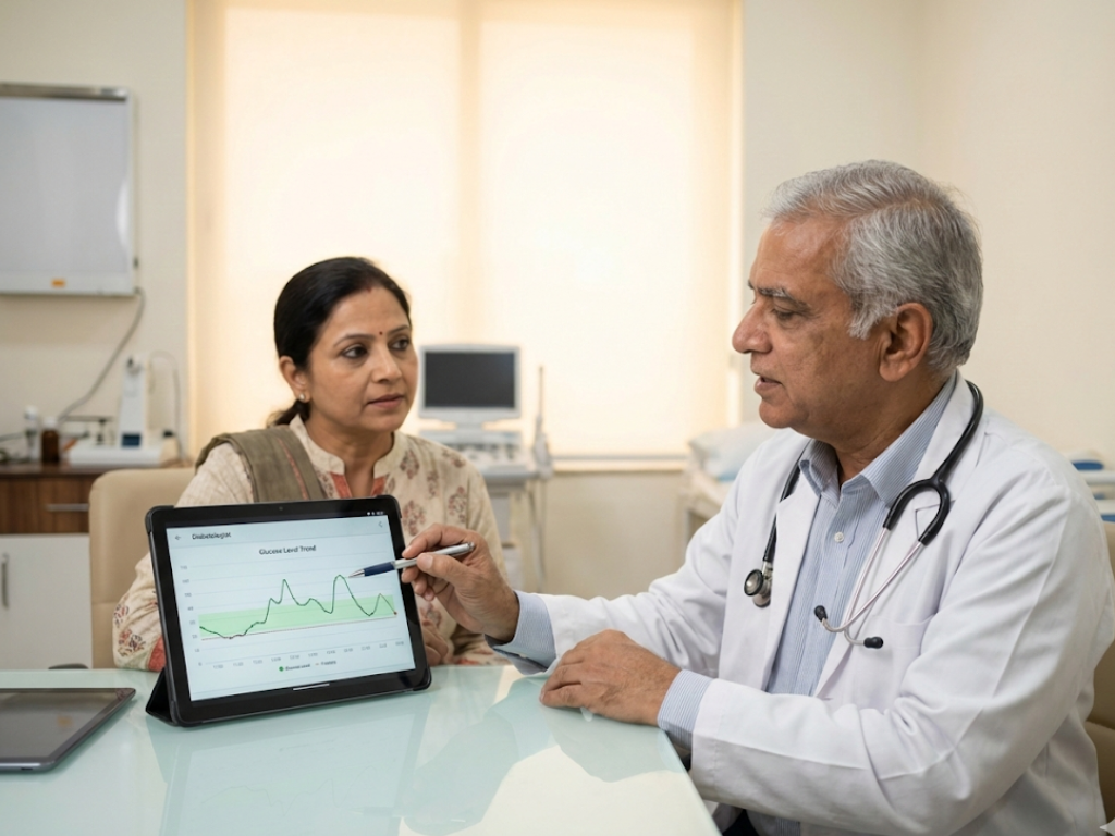 Diabetologist explaining diabetes management, medications, and tests