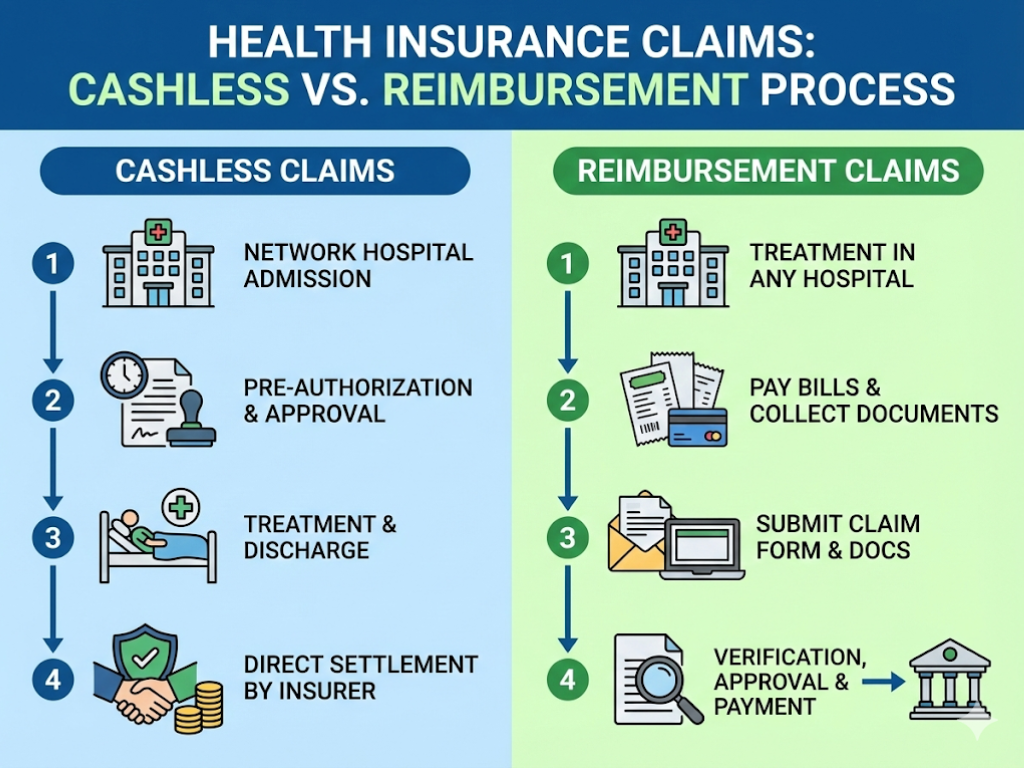 Flowchart showing cashless and reimbursement claim steps