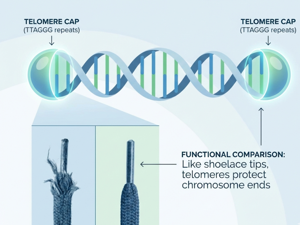 Visual explanation of telomeres as protective caps on DNA strands, similar to plastic tips on shoelaces.