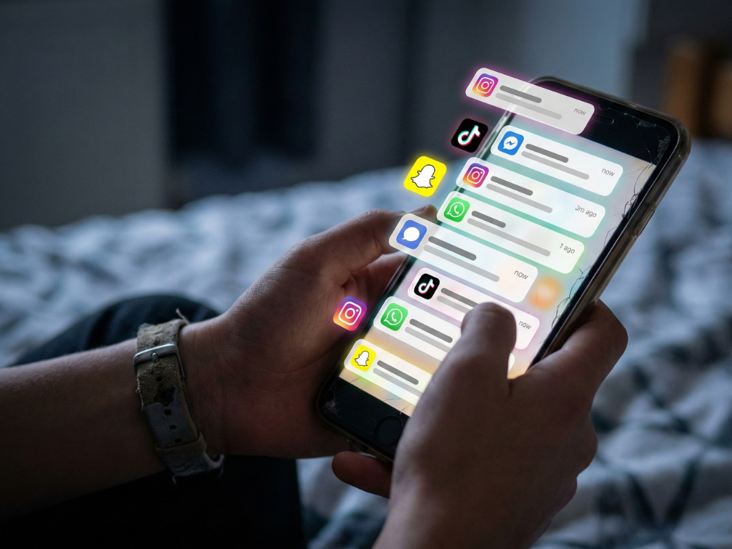 Teen constantly checking smartphone due to social media addiction.
