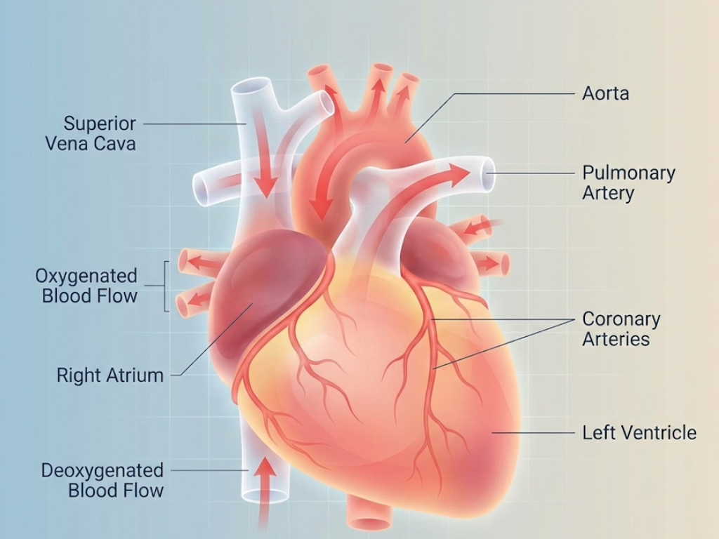 Healthy human heart anatomy with smooth blood flow and clean arteries.