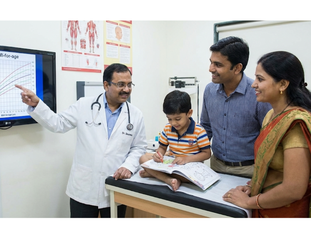 Doctor showing BMI-for-age chart to parents while explaining obesity in children