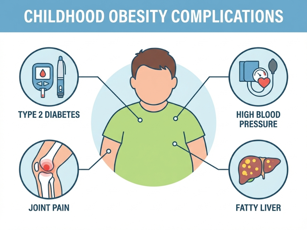 Infographic showing long-term health risks of obesity in children like diabetes and high blood pressure
