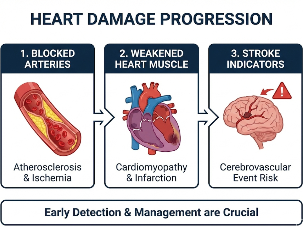 Illustration showing progression of untreated heart disease leading to heart attack or stroke.