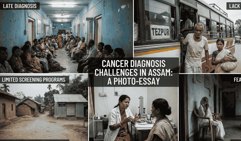 Diagnosis challenges in Assam showing late cancer detection, limited screening, long travel distances, and healthcare stigma